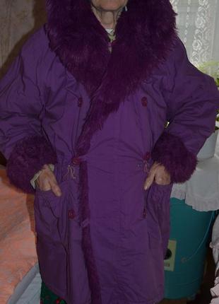 Куртка длинная бордовая демисезонная с искусственным мехом