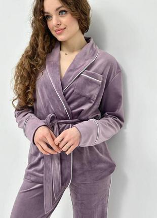 Костюм велюровый (кардиган+брюки) для дома, пижама велюровая, размер s-m, сиреневый1 фото