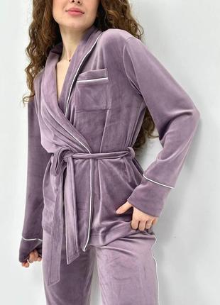 Костюм велюровый (кардиган+брюки) для дома, пижама велюровая, размер s-m, сиреневый7 фото
