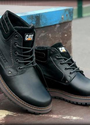 Кожаные зимние ботинки на меху cat black boots