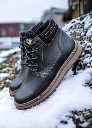 Кожаные зимние ботинки на меху cat black boots3 фото