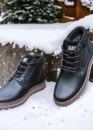 Кожаные зимние ботинки на меху cat black boots