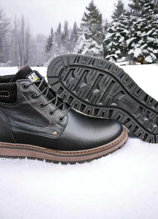 Кожаные зимние ботинки на меху cat black boots8 фото