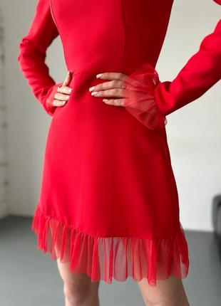 Платье мини отрезное по талии молния вырез карэ рукав длинный по низу рюшечка из фатина юбка трапеция с оборочкой ткань костюмка+ фатин2 фото