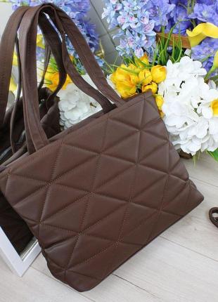 Шикарная большая женская сумка шоппер тканевая стеганая темно-коричневая2 фото