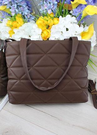 Шикарная большая женская сумка шоппер тканевая стеганая темно-коричневая3 фото