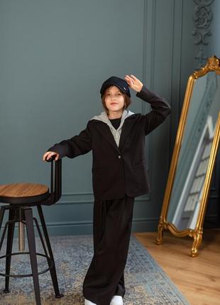 Костюм детский подростковый брючный для девочки, пиджак - худи с капюшоном, брюки, черный5 фото