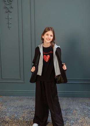 Костюм детский подростковый брючный для девочки, пиджак - худи с капюшоном, брюки, черный7 фото