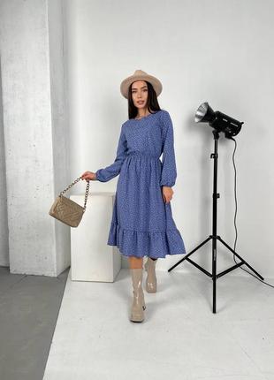 Сукня міді вільного крою в горошок якісне плаття з довгими рукавами