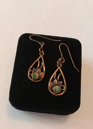 Серьги винтажные латунь малахит