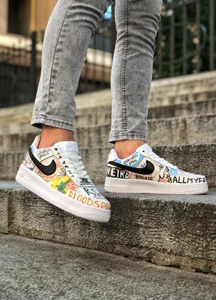 Крутые яркие женские кроссовки nike air force 1 grafitti белые с принтом6 фото