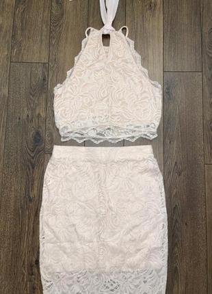 Стильный ажурный нюдовый пудровый костюм топ и юбка с, 44