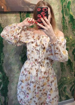 Летнее шифоновое платье с пышными рукавами, открытые плечи принтованное цветами р 408 фото