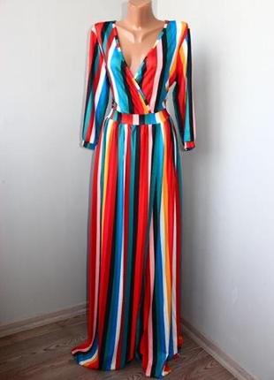 Стильное длинное цветное платье в пол в полоску с разрезом м-л,46-482 фото