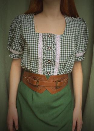 Laura torelli фирменная брендовая винтажная рубашка в винтажном стиле винтаж немецкая германская в клетку с коротким рукавом зеленая белая5 фото