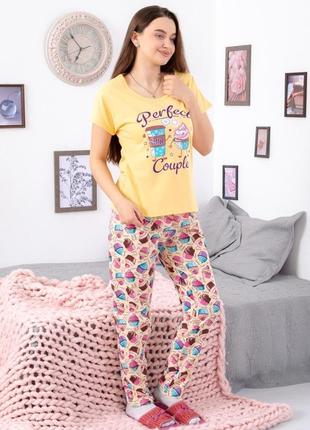 Легка бавовняна піжама футболка і штани, жіноча піжама з кексами тістечками, хлопковая женская пижама футболка и штаны