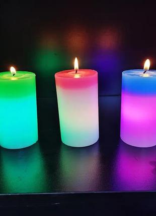 Декоративная восковая свеча с эффектом пламенем и led подсветкой candles magic 7 цветов rgb1 фото