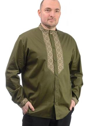 Чоловіча котонова сорочка з вишивкою (хакі), розміри 44,46,48,50,52,54