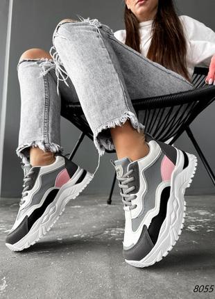 Кроссовки женские dolen серые + белый + черный + розовый, экокожа /экономук