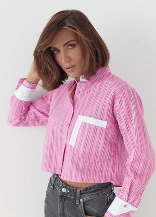 Укороченная рубашка в полоску с двумя карманами - розовый цвет, m (есть размеры)6 фото