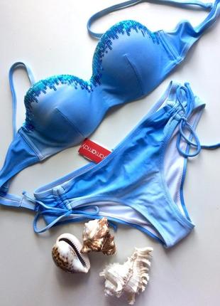 Качественный итальянский купальник с плотными чашками 75b голубой с паетками1 фото
