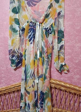 Пляжна сукня туніка накидка халат принтований листям,рукава довгі з вирізами р 44