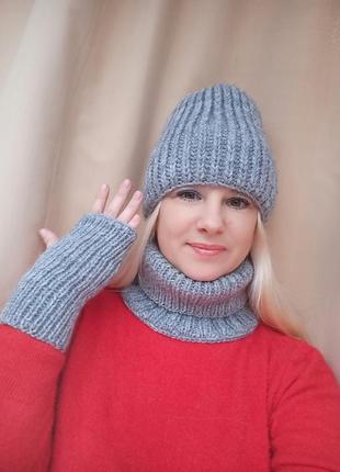 Комплект шапка+баф+митенки👍в наличии ручнлии работы