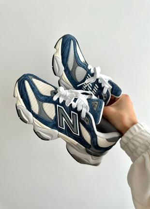 Крутые женские мужские кроссовки new balance 9060 natural indigo premium синие с бежевым3 фото