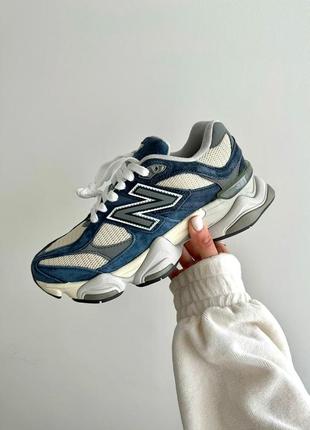 Круті жіночі чоловічі кросівки new balance 9060 natural indigo premium сині з бежевим