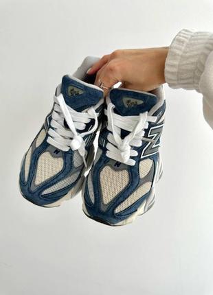 Крутые женские мужские кроссовки new balance 9060 natural indigo premium синие с бежевым6 фото