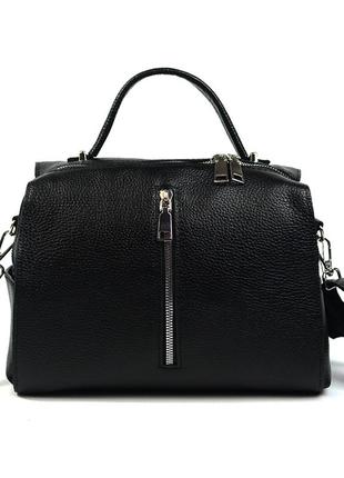 Черная женская молодежная кожаная сумка с ручкой и длинным ремешком через плечо3 фото