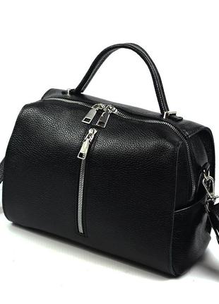 Черная женская молодежная кожаная сумка с ручкой и длинным ремешком через плечо1 фото