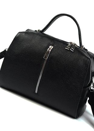 Черная женская молодежная кожаная сумка с ручкой и длинным ремешком через плечо8 фото