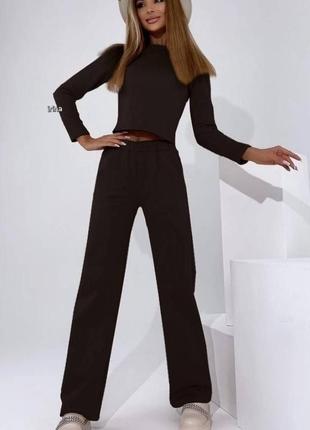 Костюм женский однотонный кофта штаны свободного кроя на высокой посадке качественный, стильный базовый черный графитовый1 фото