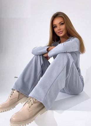 Костюм женский однотонный кофта штаны свободного кроя на высокой посадке качественный, стильный базовый серый2 фото