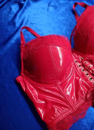 Лаковий червоний ліф ліфчик бюстгалтер бюстик під шкіру лак вініловий топ топік корсет...