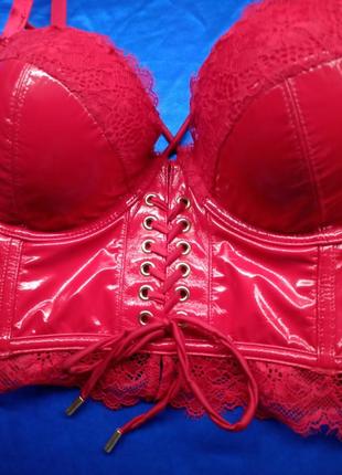 Лаковий червоний ліф ліфчик бюстгалтер бюстик під шкіру лак вініловий топ топік корсет...