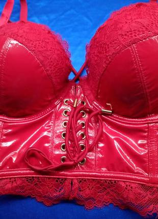 Лаковий червоний ліф ліфчик бюстгалтер бюстик під шкіру лак вініловий топ топік корсет...