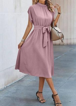 Сукня однотонна вільного крою з поясом якісна стильна трендова пудрова