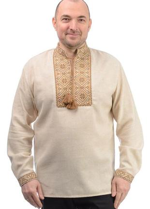 Лляна чоловіча вишиванка етно (бежевий), розміри 44,46,48,50,52,54,56,58