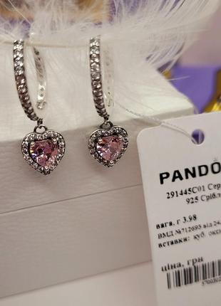 Сережки пандора срібло 925 проби цирконій кристал 291445c01 серце з блискучим ореолом рожеві сердечка конго рожевий застібка віскі сережки2 фото