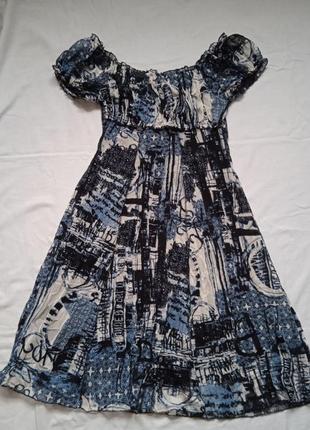 Платье платье бебидолл с короткими рукавами интересный принт синяя1 фото