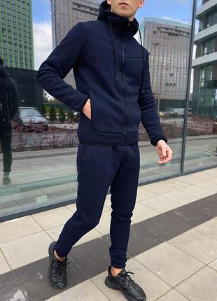 Замшевий костюм с5116 фліс тринитка штани на шнурку синій  теплий костюм преміум якості у 3 кольорах