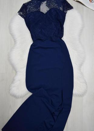 Платье вечернее синее длинное в пол с разрезом платье выпускное