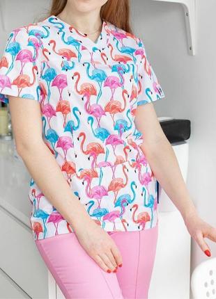 Женская медицинская блуза с фламинго 42-56 р