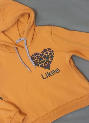 Свитшот теплый с капюшоном на девочку подростка жарко желтого цвета