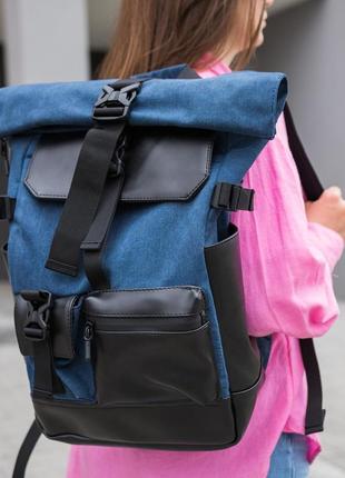 Стильный городской рюкзак ролл топ rytm синий тканевой с отделением для ноутбука на 20-25 литров8 фото