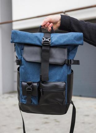 Стильний рюкзак ролл топ rytm синій тканинний з відділенням для ноутбука на 20-25 літрів