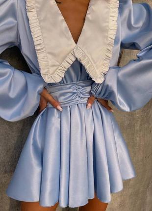 Платье с воротником и объемными рукавами с широким поясом2 фото