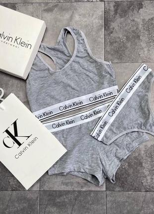 Набор 3в1 calvin klein (топ+стринги+шортики)